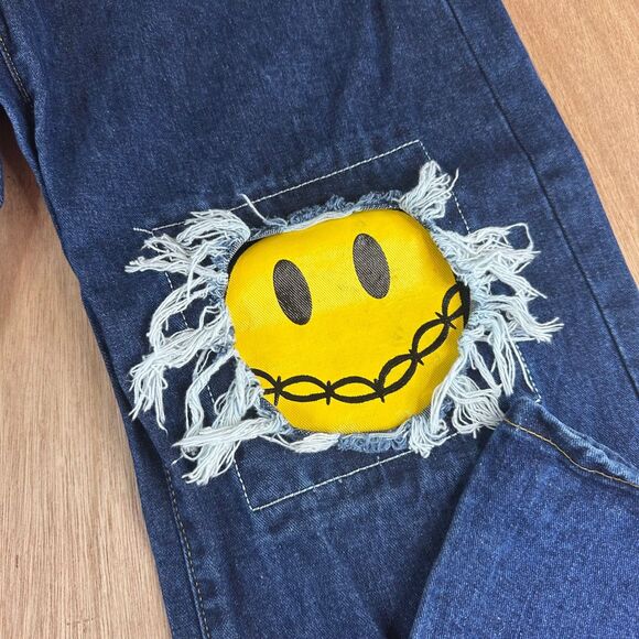 Shein Rock Baby Jeans Women’s L Blue Denim Smiley Face Patch Distressed Y2K - Picture 4 of 8